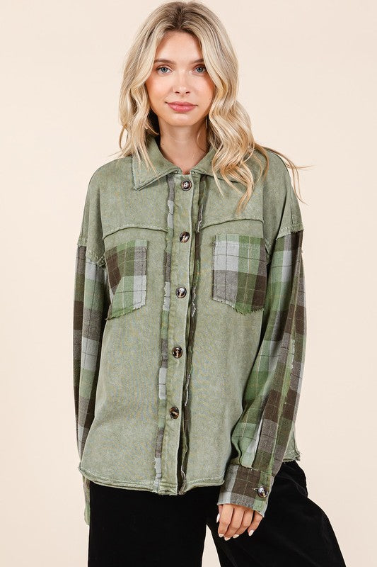 Mittoshop Button Down Contrast Plaid Patchwork Shacket - Brittney MADE