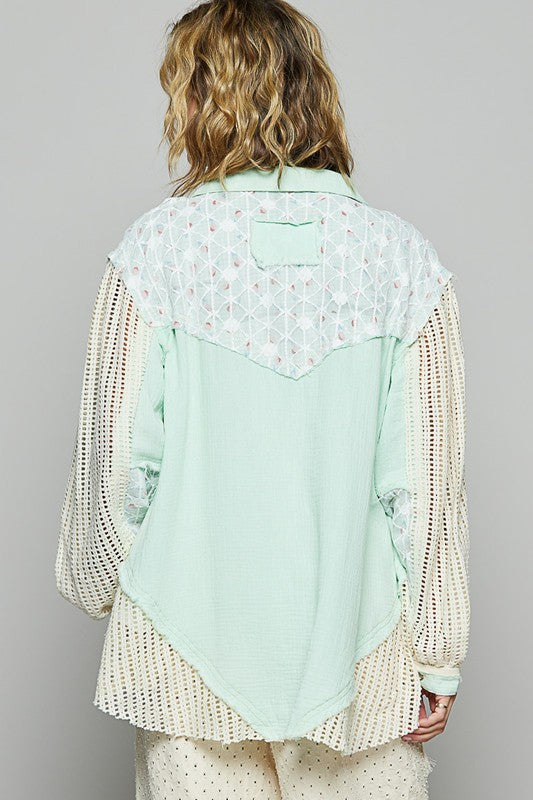 POL Lace Trim Crochet Button Up Denim Jacket - Brittney MADE