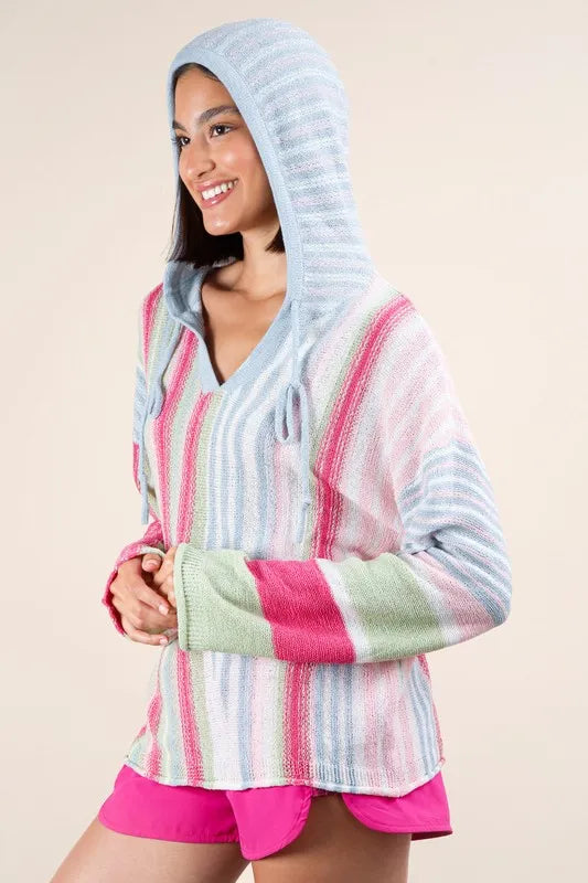 VERY J Multi Color Stripe Long Sleeve Knit Hoodie - Brittney MADE