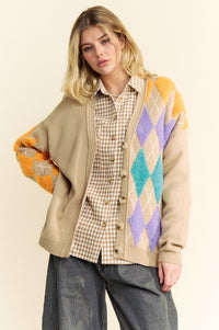 Davi & Dani Argyle V-Neck Dropped Shoulder Cardigan - Brittney MADE