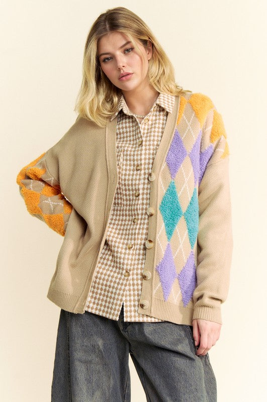 Davi & Dani Argyle V-Neck Dropped Shoulder Cardigan - Brittney MADE