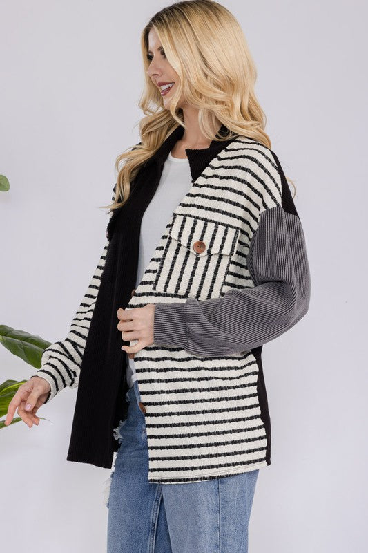 Celeste Full Size Striped Button Up Dropped Shoulder Shacket - Brittney MADE