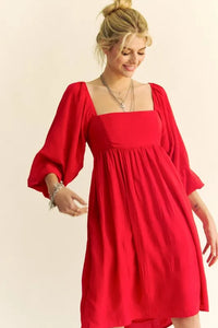Davi & Dani Solid Textured Fabric Puff Sleeve Tie Back Dress - Brittney MADE