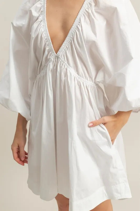 HYFVE Plunge Balloon Sleeve Poplin Mini Dress with Pockets - Brittney MADE