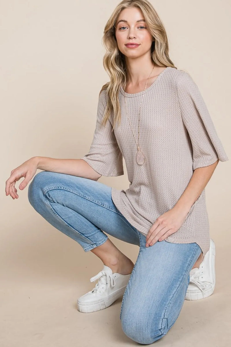 BOMBOM Round Neck Waffle Knit T-Shirt - Brittney MADE