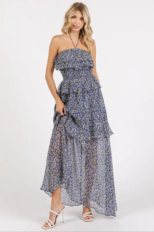 Mittoshop Ruffled Smocked Floral Halter Neck Maxi Dress - Brittney MADE