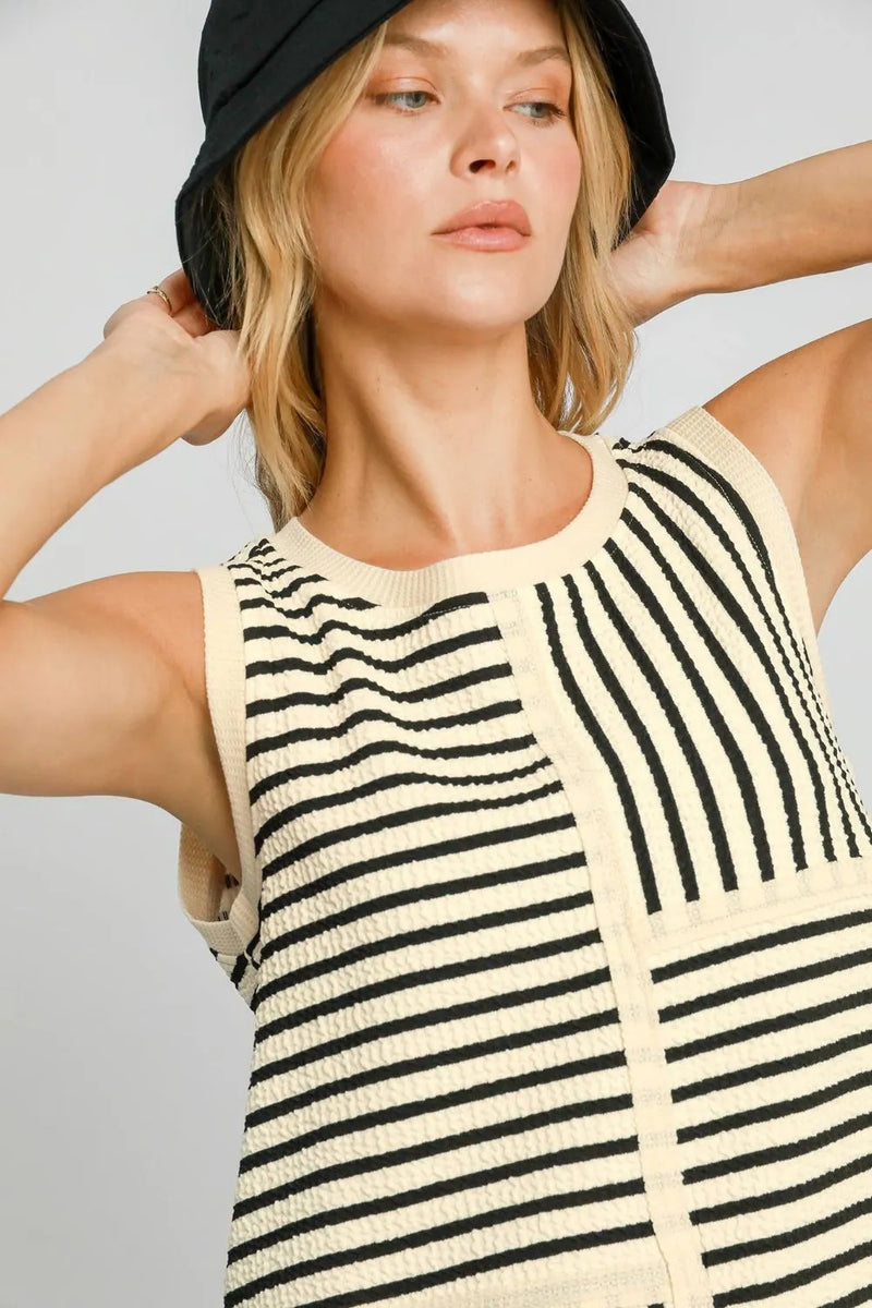 Umgee Round Neck Texture Striped Tank - Brittney MADE