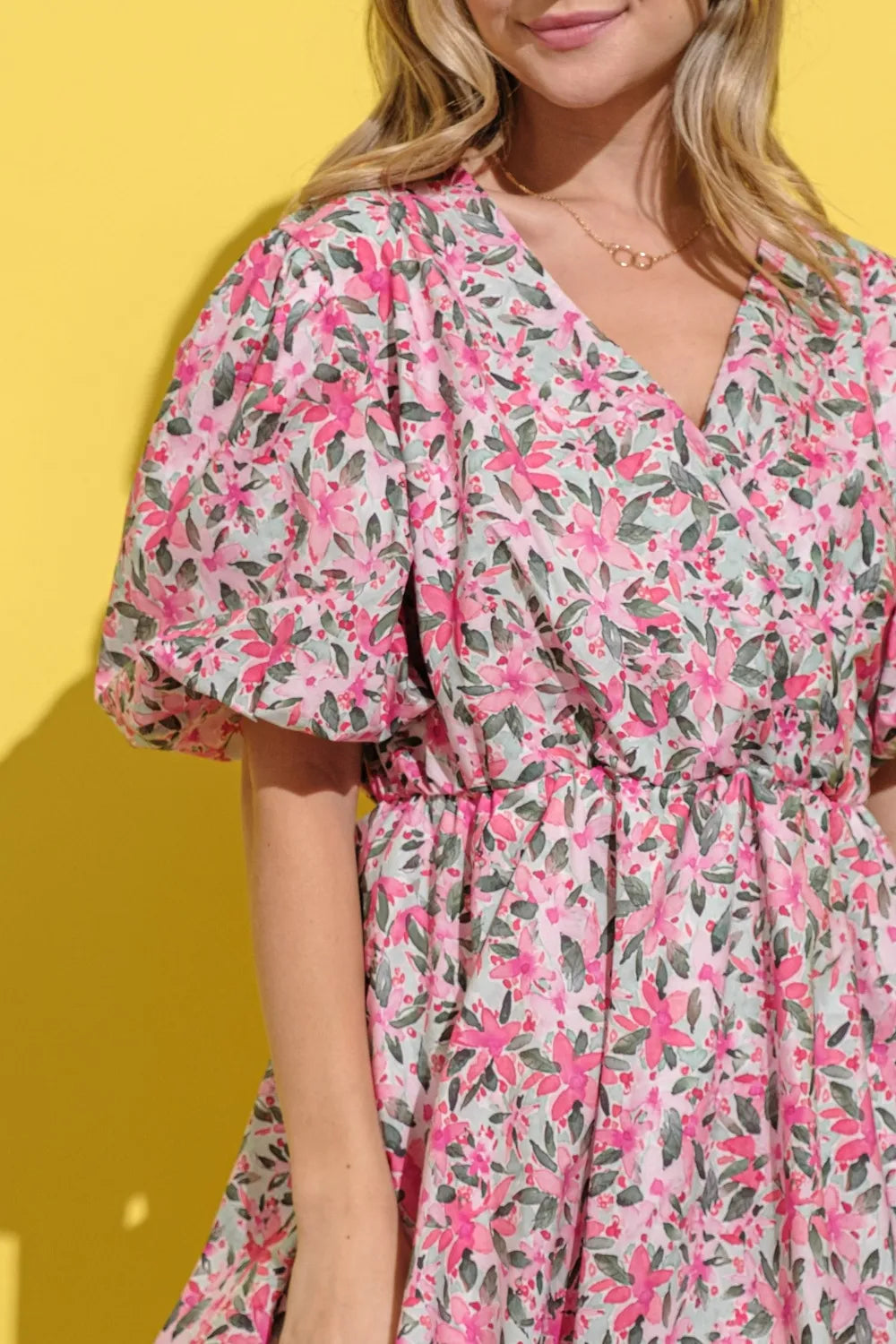 And The Why Full Size Floral Surplice Puff Sleeve Dress - Brittney MADE