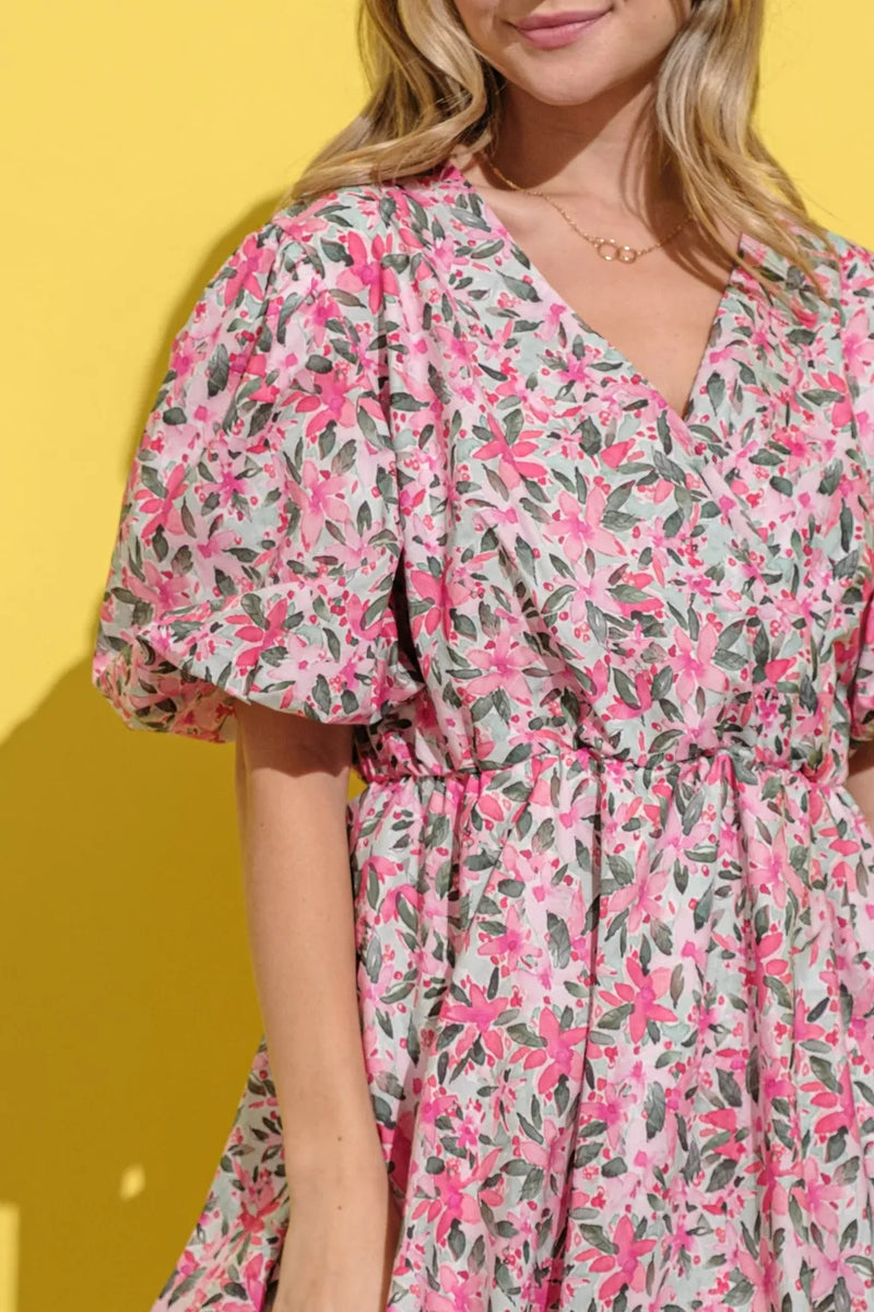 And The Why Full Size Floral Surplice Puff Sleeve Dress - Brittney MADE