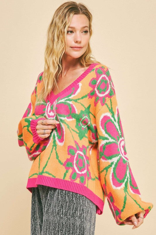 Davi & Dani Floral Contrast V-Neck Dropped Shoulder Sweater - Brittney MADE