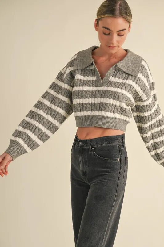 MABLE Pale Collared Striped Cropped Cable Knit Sweater - Brittney MADE