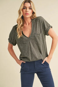 Aemi + Co Side Slit V-Neck Short Rolled Sleeve T-Shirt - Brittney MADE
