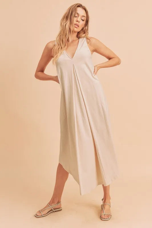 Aemi + Co Front Pleat Detail V-Neck Sleeveless Midi Dress - Brittney MADE