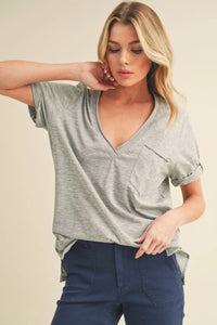 Aemi + Co Side Slit V-Neck Short Rolled Sleeve T-Shirt - Brittney MADE