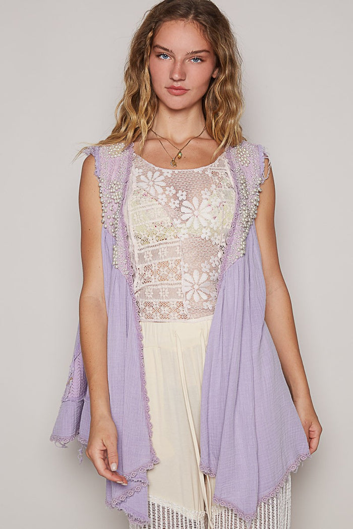 POL Embroidered Pearls Open Front Sleeveless Cardigan - Brittney MADE