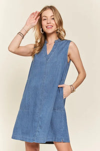 ADORA Notched Sleeveless Denim Dress with Pockets - Brittney MADE