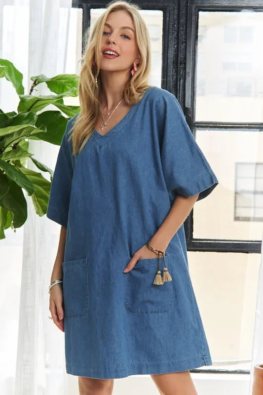 ADORA V-Neck Half Sleeve Mini Denim Dress - Brittney MADE