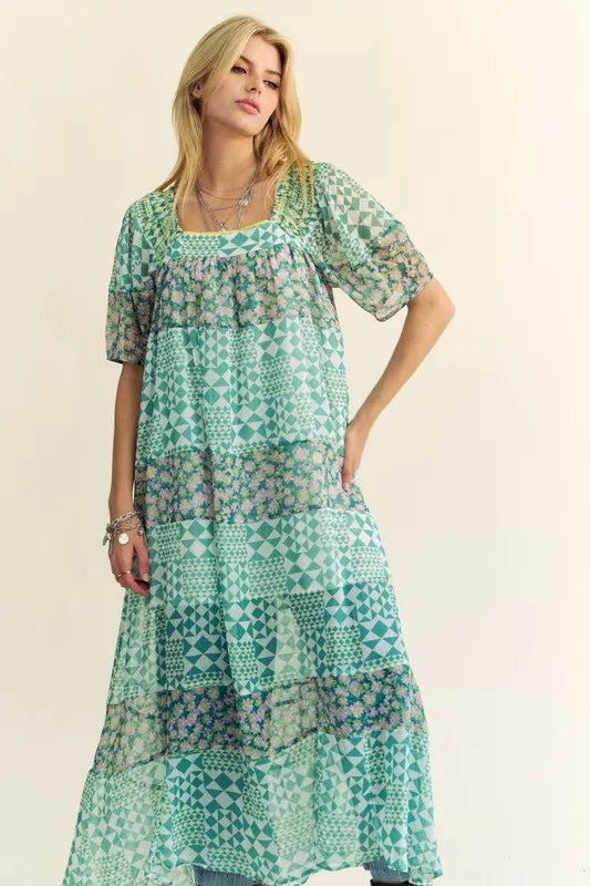 Davi & Dani Multi Floral Square Neck Puff Sleeve Maxi Dress - Brittney MADE