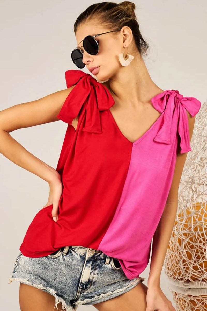 BiBi Shoulder Ribbon Tied Contrast Tank - Brittney MADE