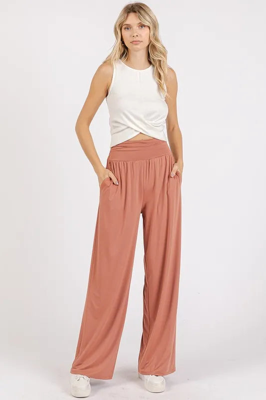 Mittoshop Stretch Banded Waist Wide Leg Pants with Pockets - Brittney MADE