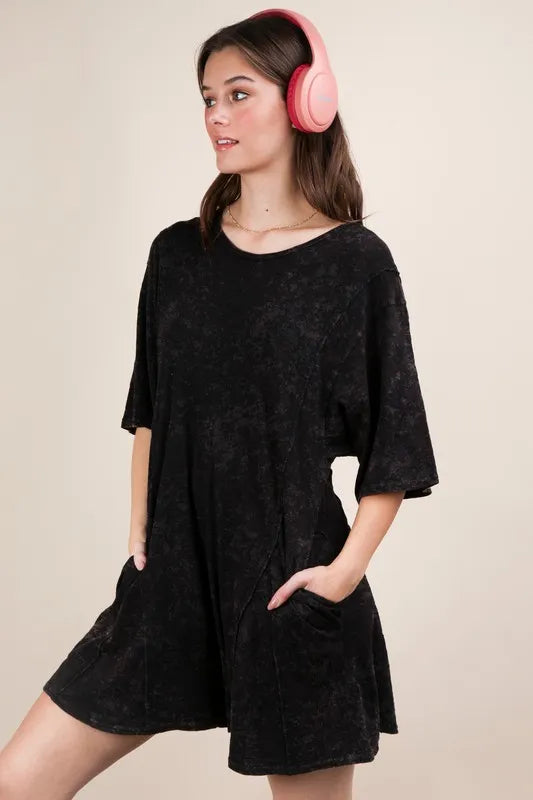 VERY J Mineral Washed Oversized Knit Comfy Romper - Brittney MADE