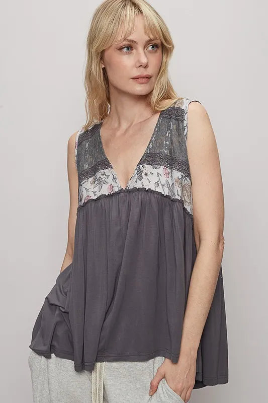 POL Lace Detail Frill Floral V-Neck Sleeveless Top - Brittney MADE