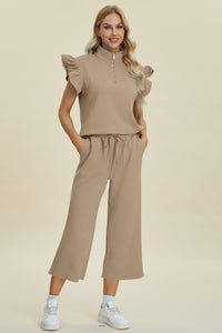 Double Take Full Size Texture Ruffle Short Sleeve Top and Wide Leg Pants Set - Brittney MADE