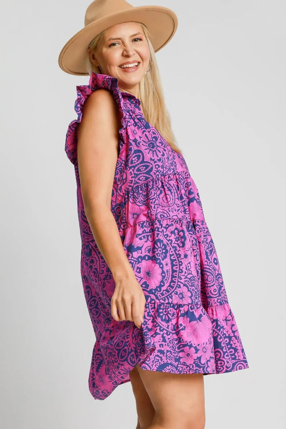 Umgee Full Size Printed Ruffle Cap Sleeve Babydoll Dress Plus Size - Brittney MADE