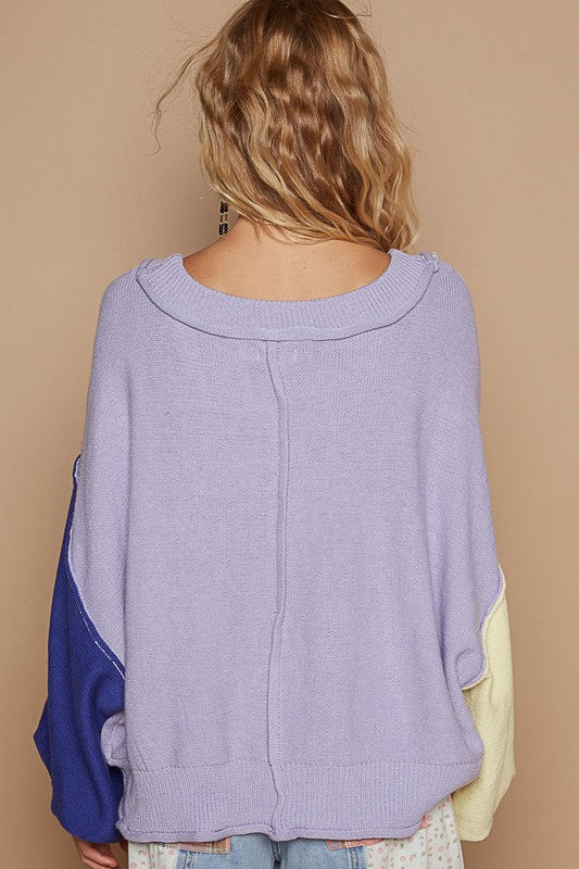 POL Exposed Seam Contrast V-Neck Lantern Sleeve Sweater - Brittney MADE