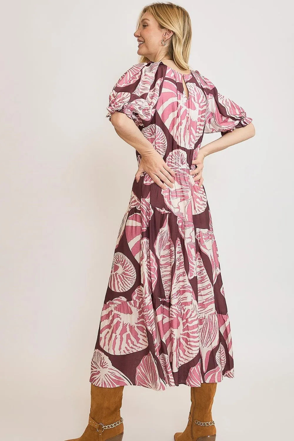 Umgee Full Size Printed Notched Puff Sleeve Midi Dress Plus Size - Brittney MADE