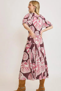 Umgee Full Size Printed Notched Puff Sleeve Midi Dress Plus Size - Brittney MADE
