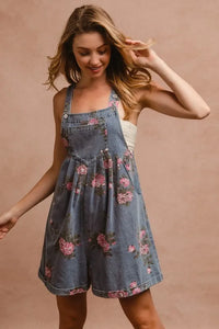 BiBi Flower Printed Wide Strap Denim Overalls - Brittney MADE
