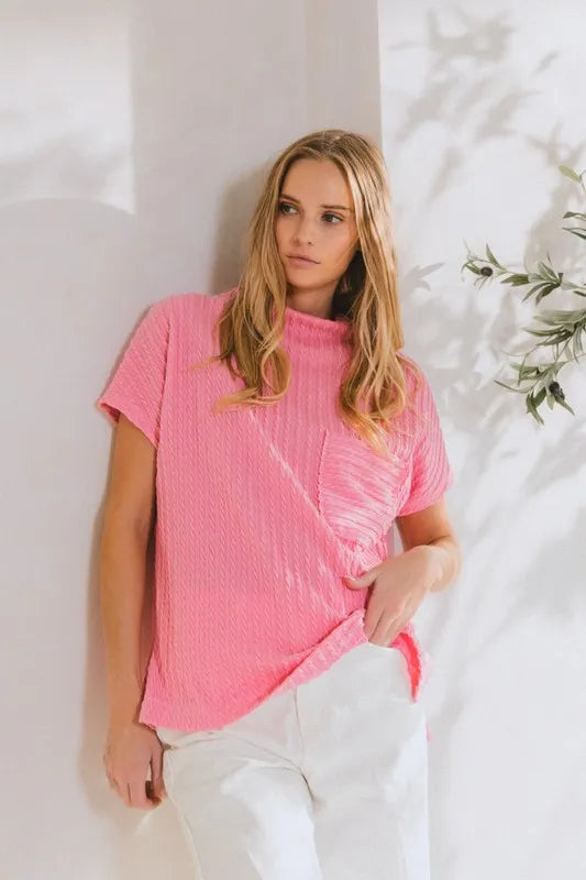 Ces Femme Texture Mock Neck Short Sleeve Knit Top - Brittney MADE
