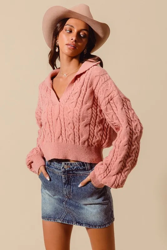 SO ME Cable Knit Deep V Neck Crop Swetaer Top - Brittney MADE