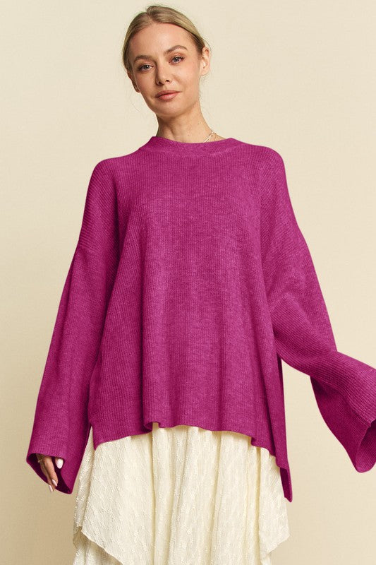 Davi & Dani High-Low Round Neck Drop Shoulder Sweater - Brittney MADE