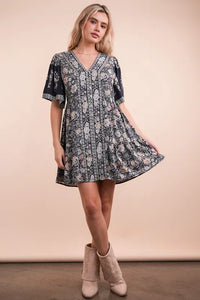 VERY J Shirring Detail Printed Woven Mini Dress - Brittney MADE