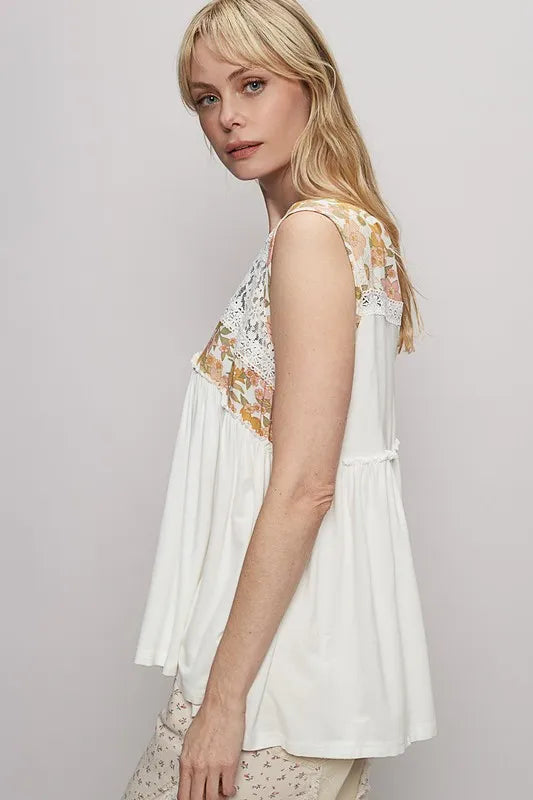 POL Lace Detail Frill Floral V-Neck Sleeveless Top - Brittney MADE