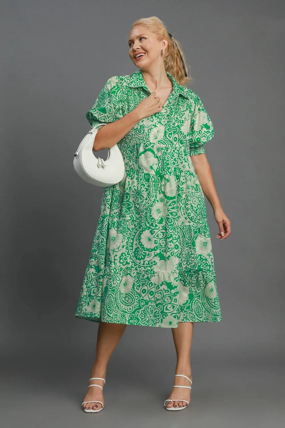 Umgee Full Size Printed Smocked Cuff Puff Sleeve Midi Dress Plus Size - Brittney MADE