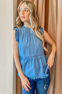 And The Why Chambray Ruffle Sleeveless Top - Brittney MADE