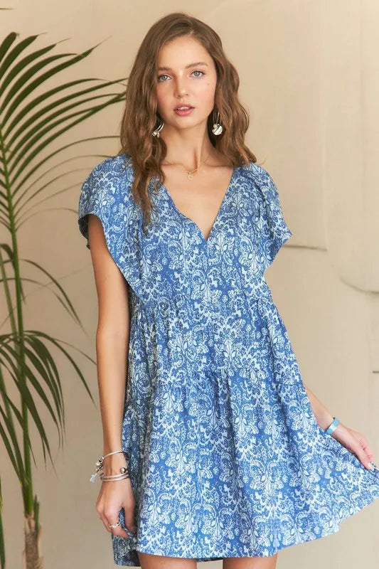 ADORA Printed V-Neck Ruffle Sleeve Mini Dress - Brittney MADE