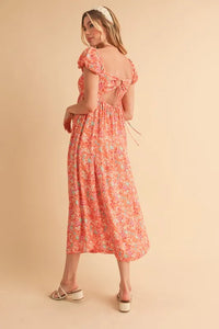 Aemi + Co Cutout Back Floral Square Neck Puff Sleeve Midi Dress - Brittney MADE