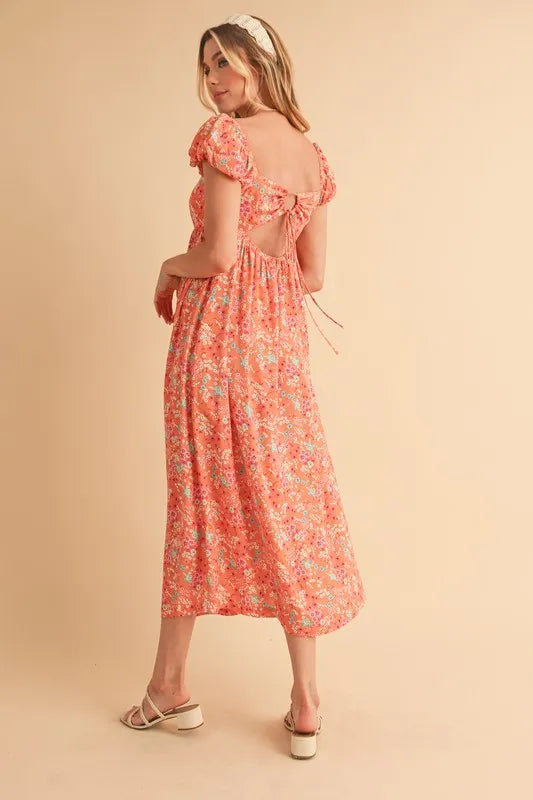 Aemi + Co Cutout Back Floral Square Neck Puff Sleeve Midi Dress - Brittney MADE
