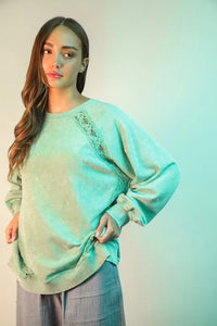 VERY J Plus Size Lace Trim Detail Mineral Washed Knit Top - Brittney MADE