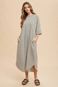 Annie Wear Striped Round Neck Terry Midi Dress - Brittney MADE