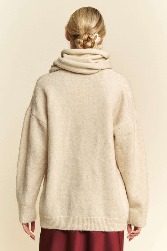 Davi & Dani V-Neck Dropped Shoulder Sweater with Scarf - Brittney MADE