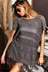 BiBi Fringed Hem Short Sleeve Knit Top - Brittney MADE
