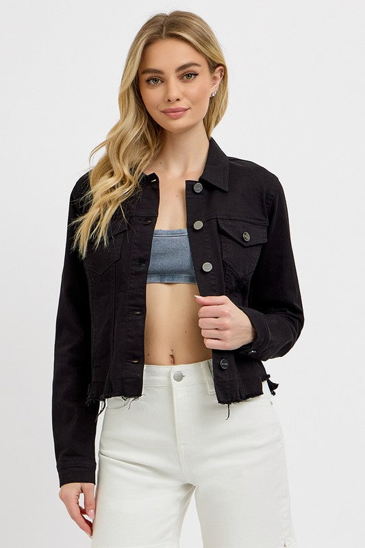 RISEN Full Size Irregular Fray Hem Button Up Denim Jacket Plus Size - Brittney MADE