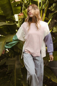 BiBi Exposed Seam Slit Striped Round Neck T-Shirt - Brittney MADE