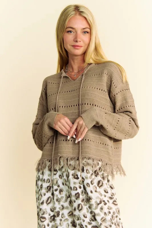 Davi & Dani Fringe Hem Openwork Drop Shoulder Knit Top - Brittney MADE