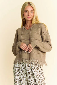 Davi & Dani Fringe Hem Openwork Drop Shoulder Knit Top - Brittney MADE